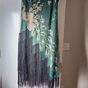 Green beaded Flapper Dress peacock black fringe